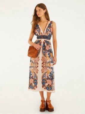 FARM Rio Pink Cream Midi Dress with Blue & Orange Paisley Print M